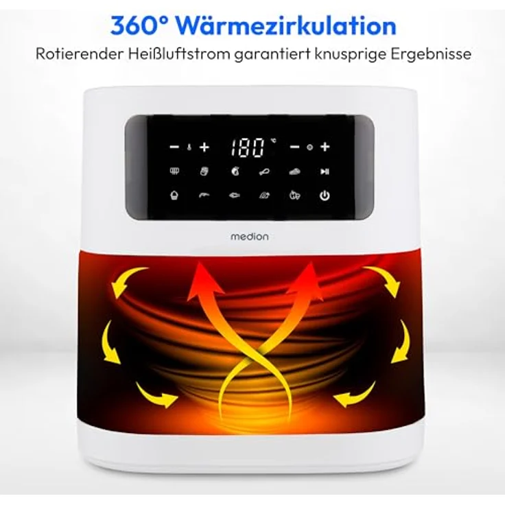 MEDION E40 XL Heißluftfritteuse MD11740, 5,2 Liter, 2.150 Watt, 9 Automatikprogramme, ölfreies Frittieren, Touch Bedienfeld, LED Anzeige, matt – Bild 2