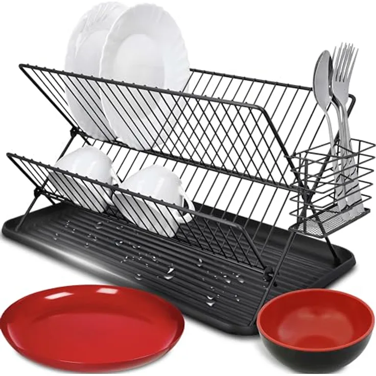 Retoo Abtropfgestell Geschirr, Geschirrabtropfgestell, Faltbarer Abtropfkorb, Trockengestell für Teller mit Besteckhalter, Abtropfständer, Abtropfgitter, Geschirrtrockner, Utensilienhalter