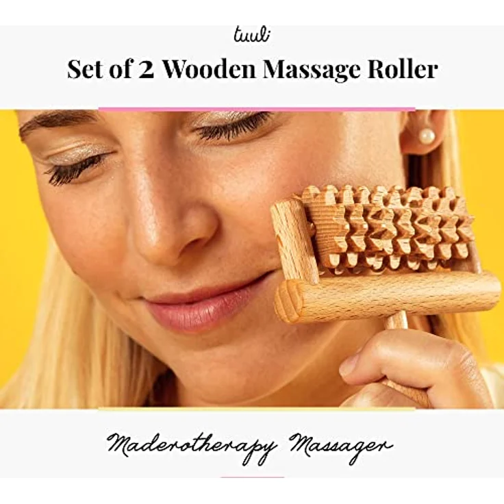 Tuuli Accessories Gesichtsmassager Gesicht Facial Massage Massagegerät Kopf Massageroller Roller mit Griff Maderotherapie Dermaroller Set aus Holz – Bild 2