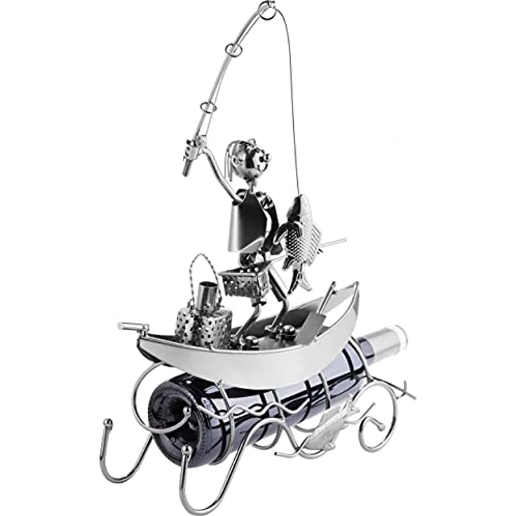 BRUBAKER Flaschenhalter Fischer in einem Boot Metall Skulptur Geschenk mit Geschenkkarte – Bild 6
