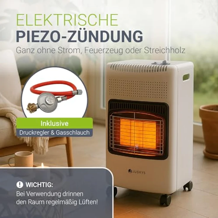 Juskys Keramik Gasheizung GS42US, mobile Infrarot Gasheizung in Weiß mit 4200 W, Druckregler & Schlauch, effizient & energiesparend, geeignet für Balkon und Terrasse – Bild 5
