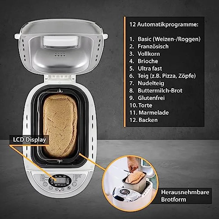 TZS First Austria Brotbackautomat, 850W, 12 Automatik-Programmen, 2 Knethaken, Teig-Programm, Marmelade-Programm, Glutenfrei-Programm, Bräunungsgrad, Start-Verzögerungs-Funktion, weiß – Bild 6