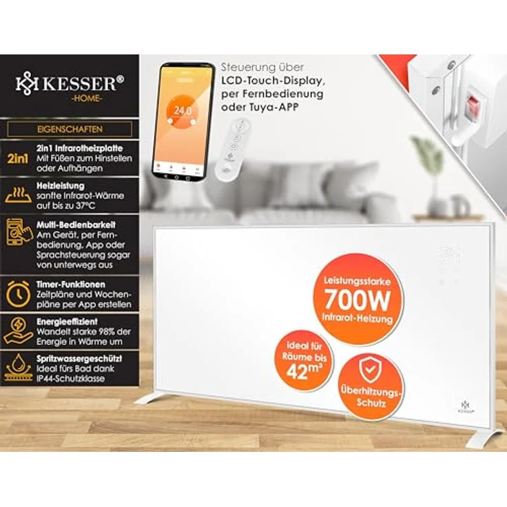 KESSER® Infrarotheizung Energiesparend Infrarot Standgerät & Wandmontage Elektroheizung 700W mit Fernbedienung Thermostat & App-Steuerung Elektrisch Heizpaneel Heizung Konvektor Standfüße in Onyx Schwarz – Bild 2
