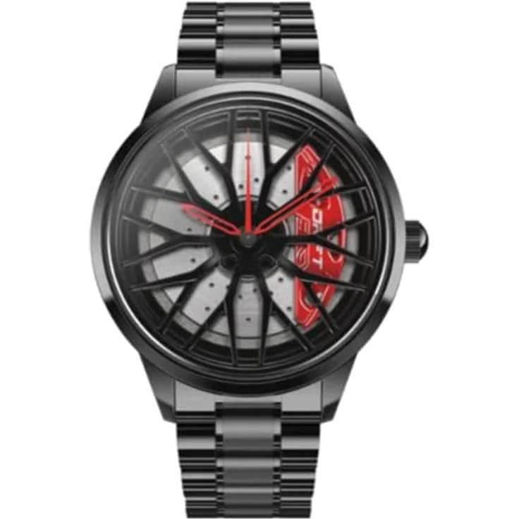 DriftElement Motorsport Felgenuhr Herren - Custom Designer Uhr im 3D Design der Sternspeichen M8 Felge aus Edelstahl, Mineralglas (Rot) – Bild 1