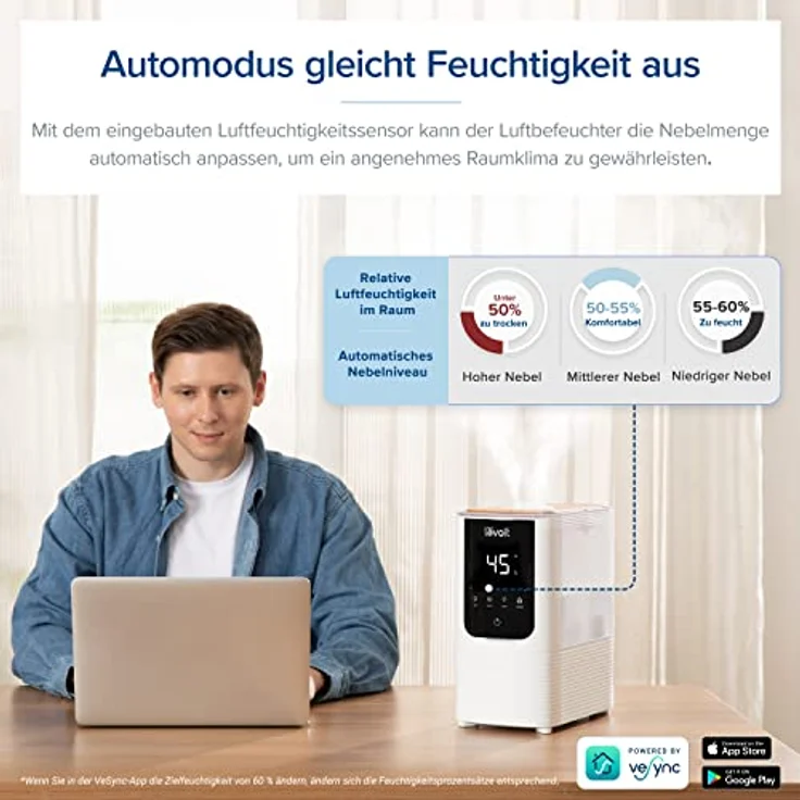 LEVOIT Smart Luftbefeuchter, Warm-/Kalter Nebel max 550 ml/h, 4,5L Humidifier bis 40㎡ 45H, 26dB Aroma Raumbefeuchter mit Nachtlicht für Schlafzimmer Kinderzimmer und Pflanzen, Exklusiv bei Amazon – Bild 5