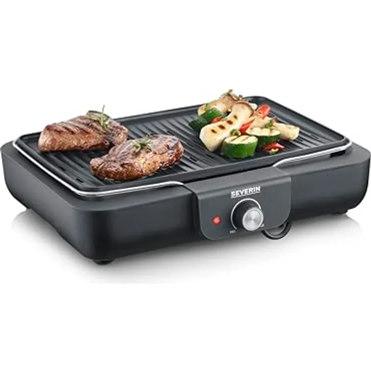 SEVERIN Tischgrill mit Grilplatte PG 8556, Schwarz - Gerippte Grillplatte aus hochwertigen Aluminium Druckguss für perfekte Grillergebnisse
