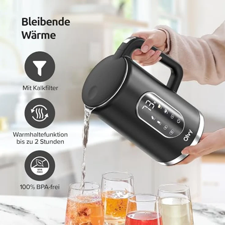 Olvy Wasserkocher mit Temperatureinstellung 1,7L – Edelstahl, LCD-Display, 2200W, BPA-frei, Warmhaltefunktion, Temperaturwahl 40–100°, Kalkfilter, cool touch – Bild 4