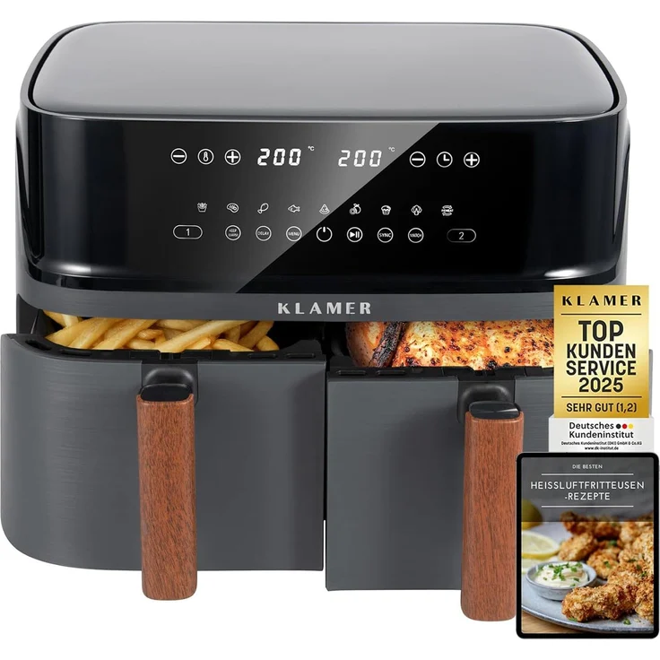 KLAMER Heißluftfritteuse Duo 9 L, Doppelkammer Airfryer mit 2 Körben, Digitaldisplay, 10 Automatikprogrammen, Dual-Funktion, 3000 W Heißluft-Zirkulation, spülmaschinengeeignet
