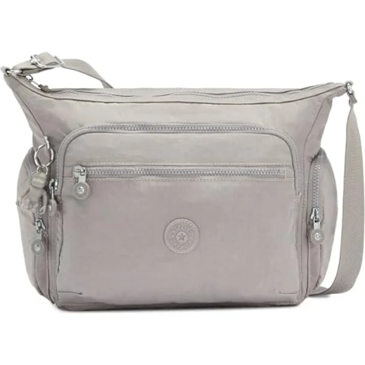 Kipling Basic Gabbie, Damen Umhängetasche aus Polyamid, 35 cm, grau mit Reißverschluss- und Steckfächern