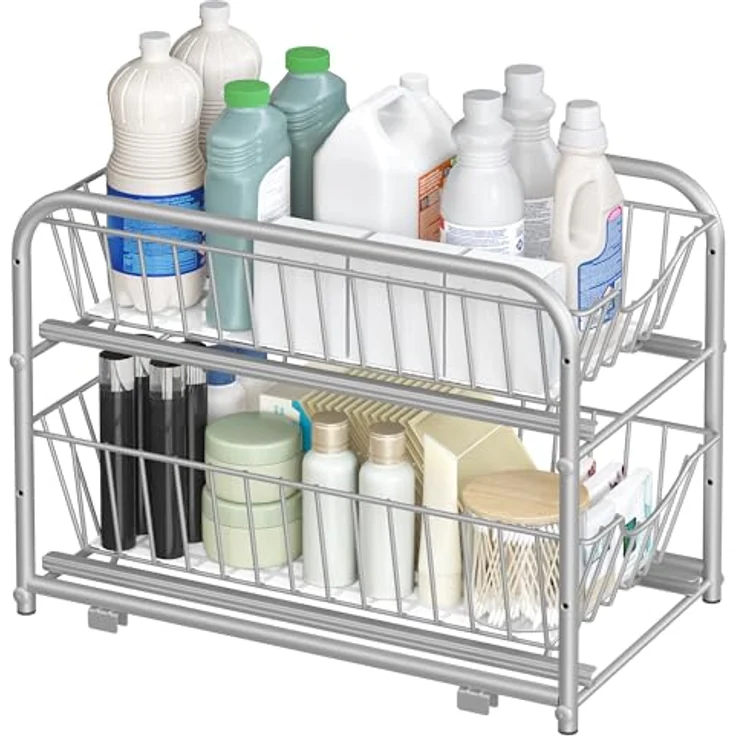 SONGMICS Küchen-Organizer KCS017E01V1, 2-stufiges Ordnungssystem mit Metallkörben, stapelbar und erweiterbar, taubengrau – Bild 2