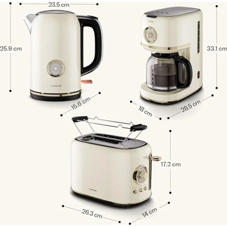 Klarstein Victoria Frühstücksset, 2-Scheiben-Toaster mit Brötchenaufsatz, 1,7L Wasserkocher, 12 Tassen Filterkaffeemaschine, Retro Design, Warmhaltefunktion, Cream – Bild 8