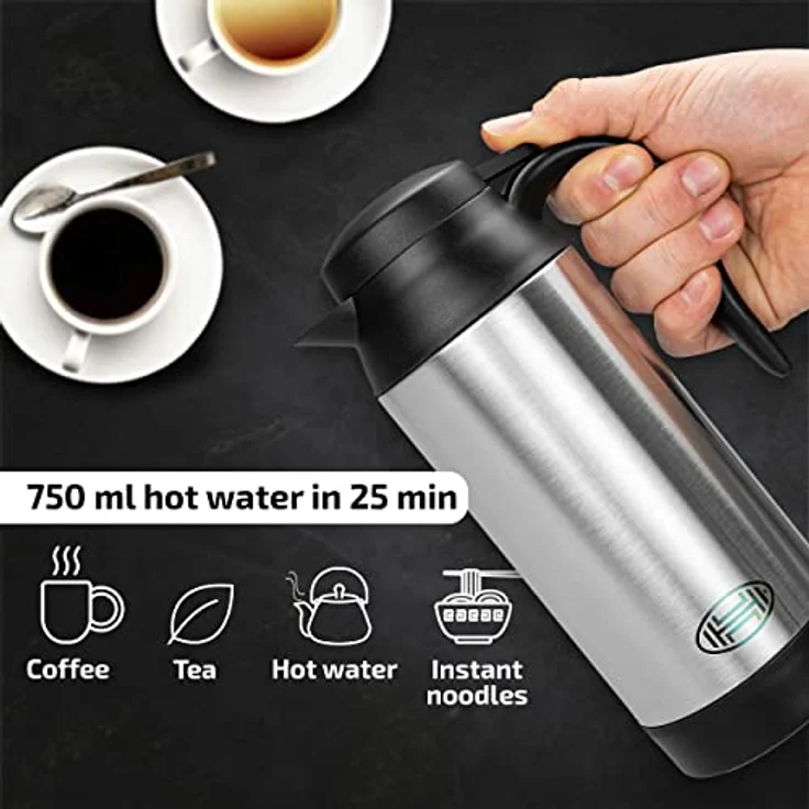 HEYNER® Wasserkocher Reisewasserkocher elektrisch Zigarettenanzünder + Tasche + 2 Becher 750 ml 12V, Silber – Bild 4