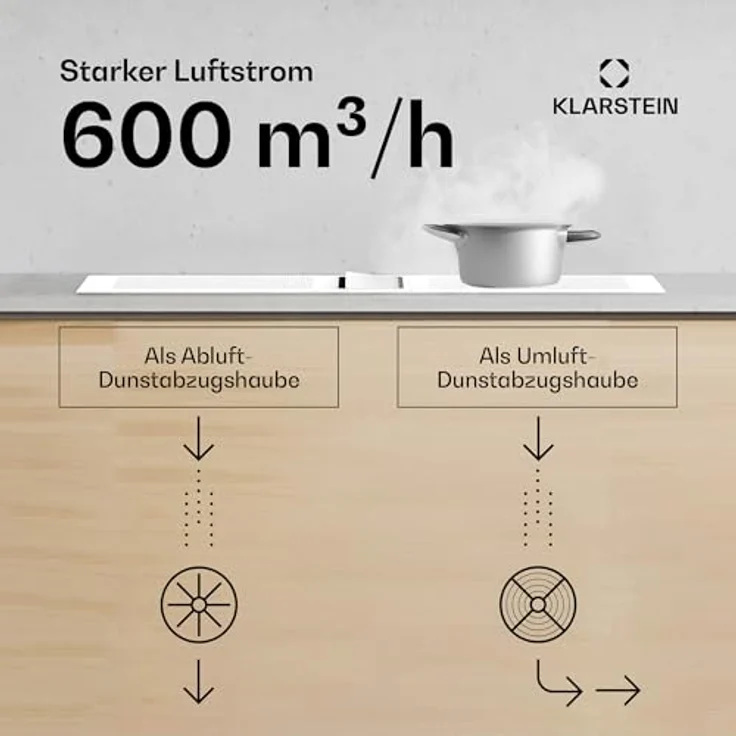 Klarstein Chef-Fusion Induktionskochfeld Mit Dunstabzug - 7.200 W, Boost 8.400 W, 590 m³/h Luftstrom, Energieeffizienzklasse A, Flexzone, Glasoberfläche, Platzsparend, Kindersicherung, Schwarz – Bild 5