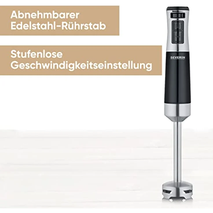 Severin 3771 Stabmixer, 600W, Mixstab mit stufenloser Geschwindigkeitseinstellung, abnehmbarer Pürierstab, Edelstahl (gebürstet), Schwarz – Bild 2