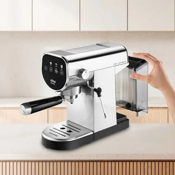 Ufesa Sienna, Siebträgermaschine mit 20 Bar Druck, 1360 Watt, Silber und Schwarz, inkl. digitalem Touch-Panel und abnehmbaren Wassertank – Bild 5