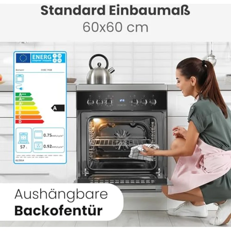 Bomann® EHBC 7938, Herd-Kochfeld-Kombination 60cm mit Grill und Heißluft, Energieklasse A, 9 Funktionen, 57L Backofen, Glaskeramik-Kochfeld – Bild 2