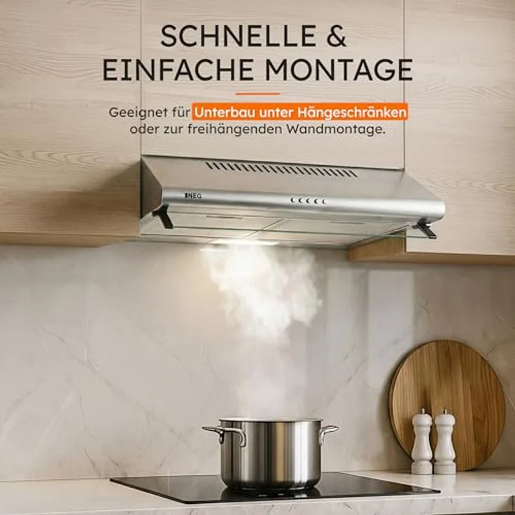 NEG Edelstahl Unterbau Dunstabzugshaube NEG15-DC+ NextGen Doppelmotor, 60 cm, 424 m³/h, flexibler Abluftanschluss oben/hinten, Umluftbetrieb, Curved Design, mit LED-Beleuchtung – Bild 3