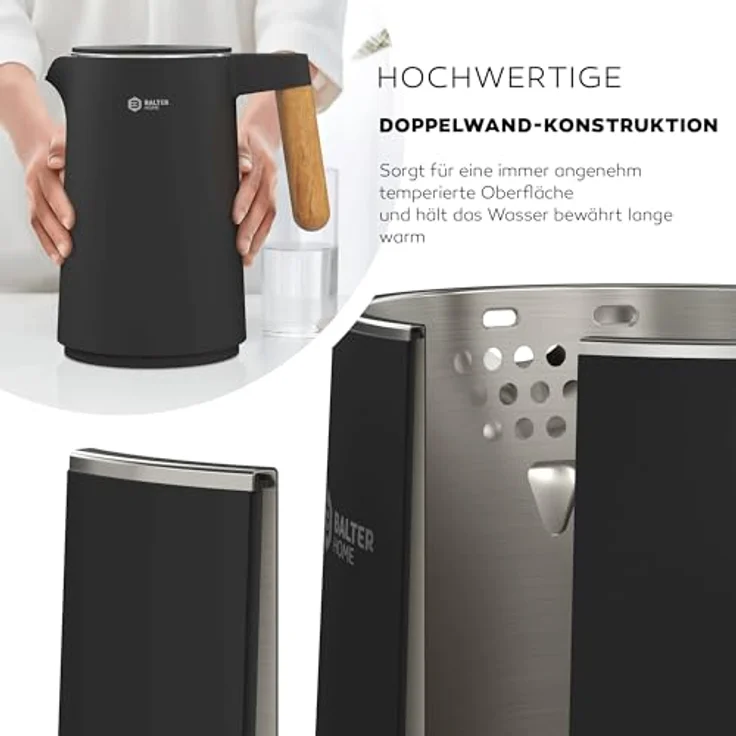BALTER WK-08-BL Edelstahl-Wasserkocher, 2200W, 1,5L, doppelwandig, kabellos, Warmhaltefunktion, schwarz – Bild 4