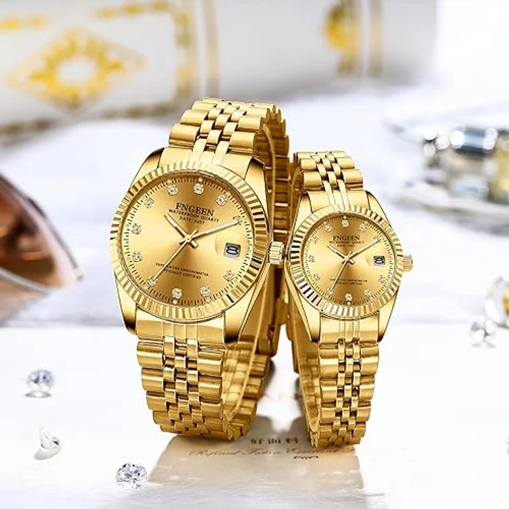 JewelryWe Edelstahl Armbanduhr Herren, Wasserdicht, Analog Quarz mit Leuchtzeigern und rundem goldfarbenem Zifferblatt, Datum Kalender, Geschenkbox – Bild 5
