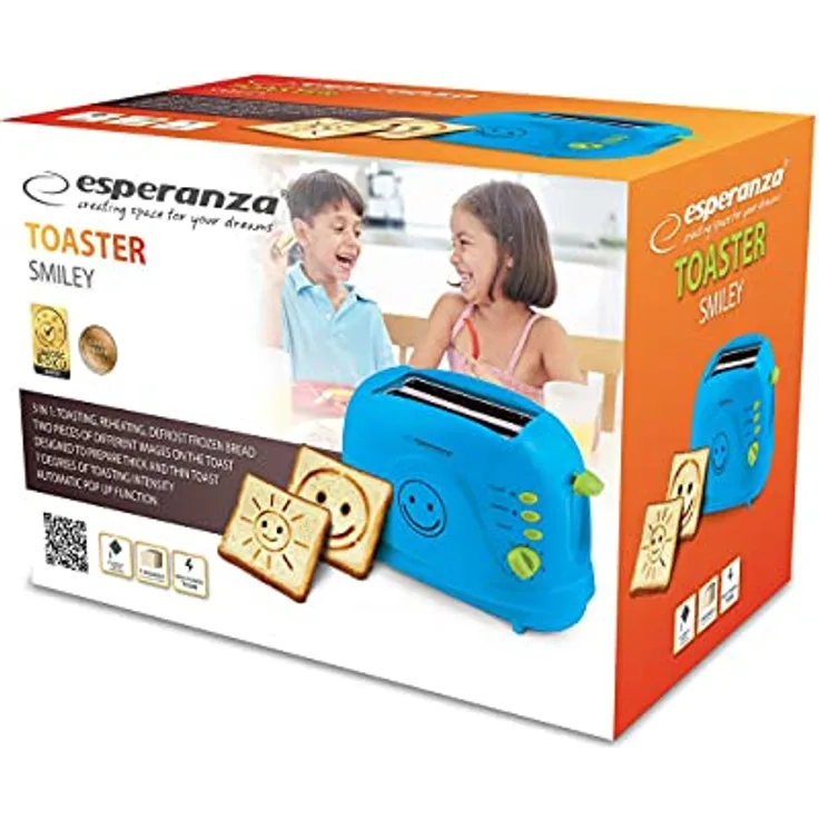 Esperanza Toaster 2 Scheiben mit SMILEY Bild Muster und Timer, Sandwich Krümelschublade, blau