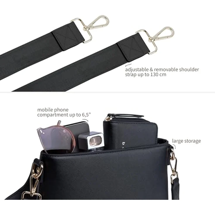Bugatti ELLA Schultertasche, Umhängetasche aus Saffiano-Art Kunstleder mit verstellbarem Schultergurt, rot akzentuiert, 27 x 9 x 20,5 cm – Bild 5