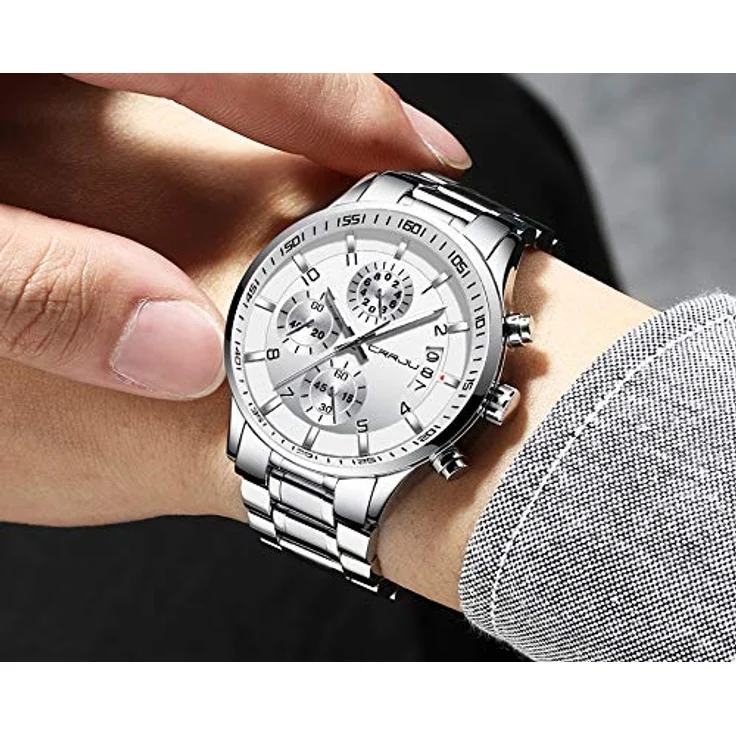 CRRJU Herren Chronograph Armbanduhr, wasserdicht, Edelstahlarmband, analoges Quarzwerk mit Kalender, Silber – Bild 4