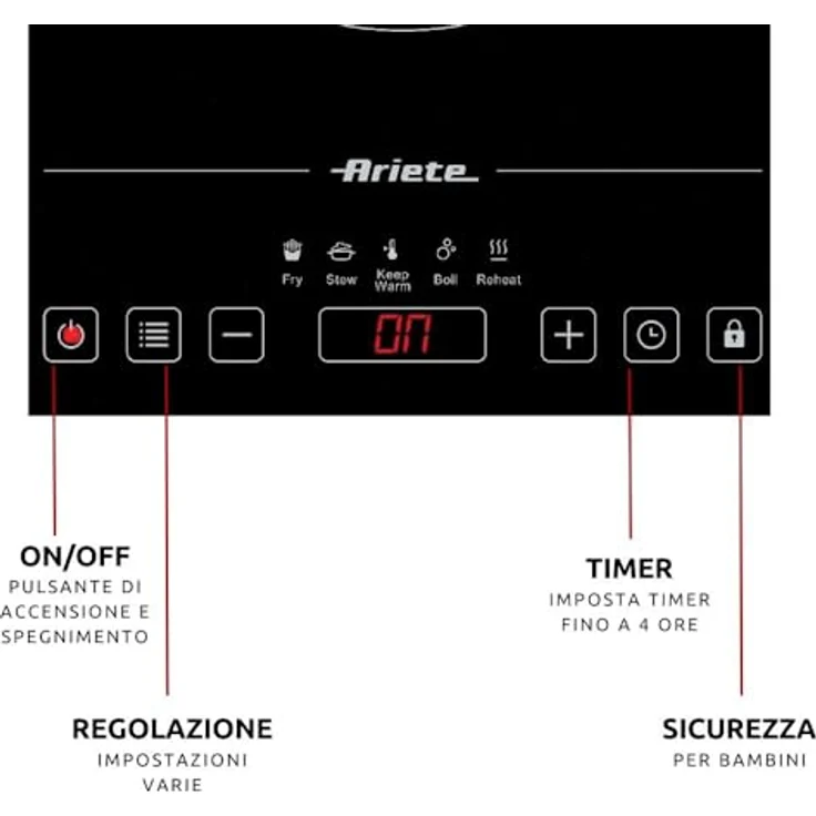Ariete 1997 Tragbare Einzel-Induktionsplatte, 2000 W, 10 Leistungsstufen, Timer bis 4 Stunden, Schwarz – Bild 2