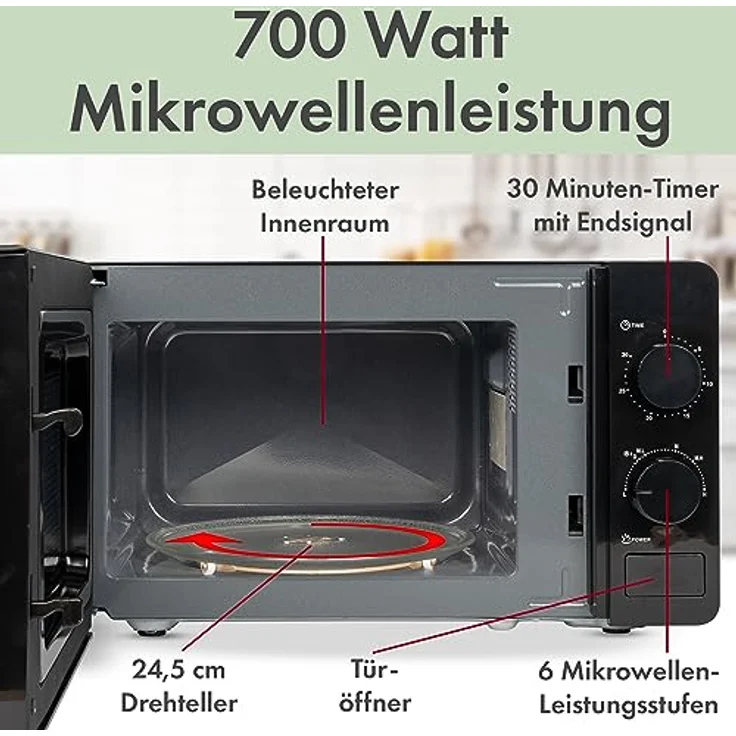 Bomann® Mikrowelle mit 20L Garraum & Garraumbeleuchtung | Microwave mit 6 Leistungsstufen | Microwellengerät mit 30-Min.-Timer | Microwelle mit Ø24,5 cm Drehteller | 700W | MW 6014 CB schwarz – Bild 5