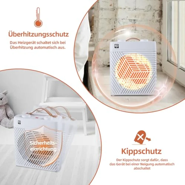 SHX Heizlüfter mit Thermostat 2000W SHXHL20ST | 2 Heizstufen | einstellbares Thermostat | Oszillationsfunktion | Überhitzungsschutz | tragbar | IPX2-zertifiziert | für Badezimmer geeignet, weiß – Bild 5