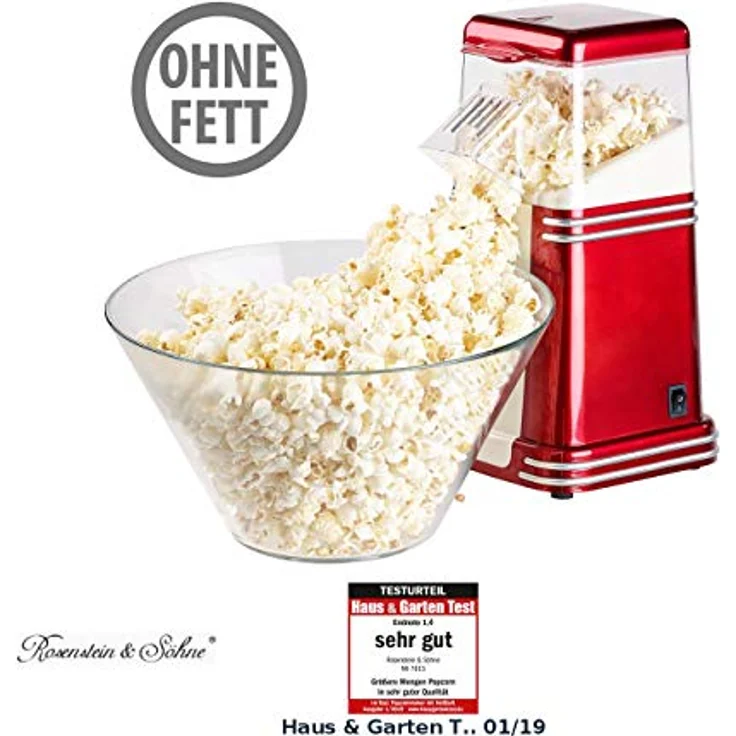 Rosenstein & Söhne Popcornmaschine XL Heißluft Popcorn Maschine für bis zu 100 g Mais, 1200W, rot – Bild 3
