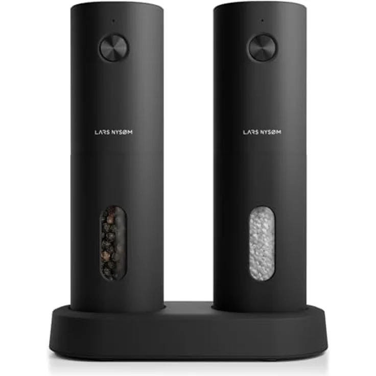 LARS NYSØM Salz und Pfeffer Mühle Elektrisch 2er Set mit einstellbarem Keramik-Mahlwerk von grob bis fein I Design Gewürzmühlenset Automatisch (2 Stück, Onyx Black) – Bild 1