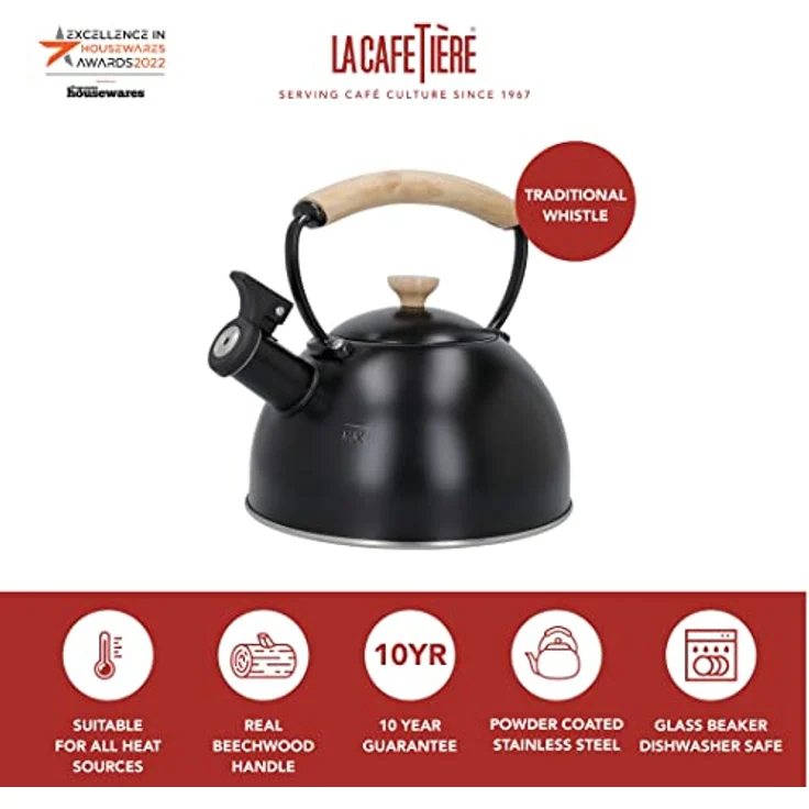 La Cafetière LCWHKETBLK Flötenkessel mit Holzgriff, 2,5 l, Edelstahl – Bild 2