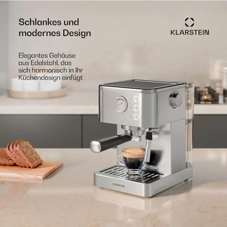 Klarstein SteelPresso Siebträgermaschine – 20-Bar, 1350 W, Edelstahl, Dampf-Funktion, Kompaktes Design, Warmhalteplatte, Silber – Bild 5