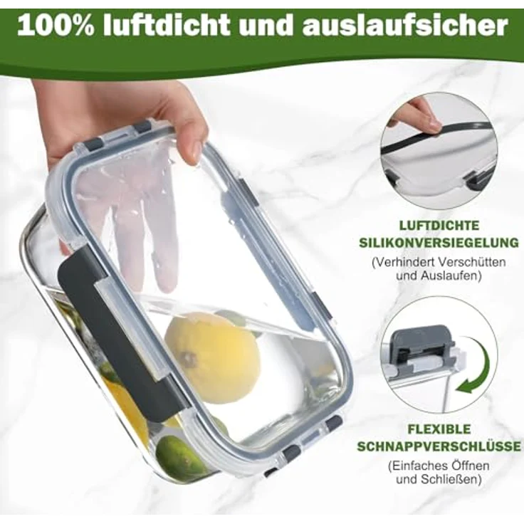 YASHE 5er Set Glasbehälter mit Deckel, 1040ml, Stapelbar & Luftdicht, BPA-frei, Spülmaschinenfest, Mikrowellen- und Gefrierschrankgeeignet – Bild 4
