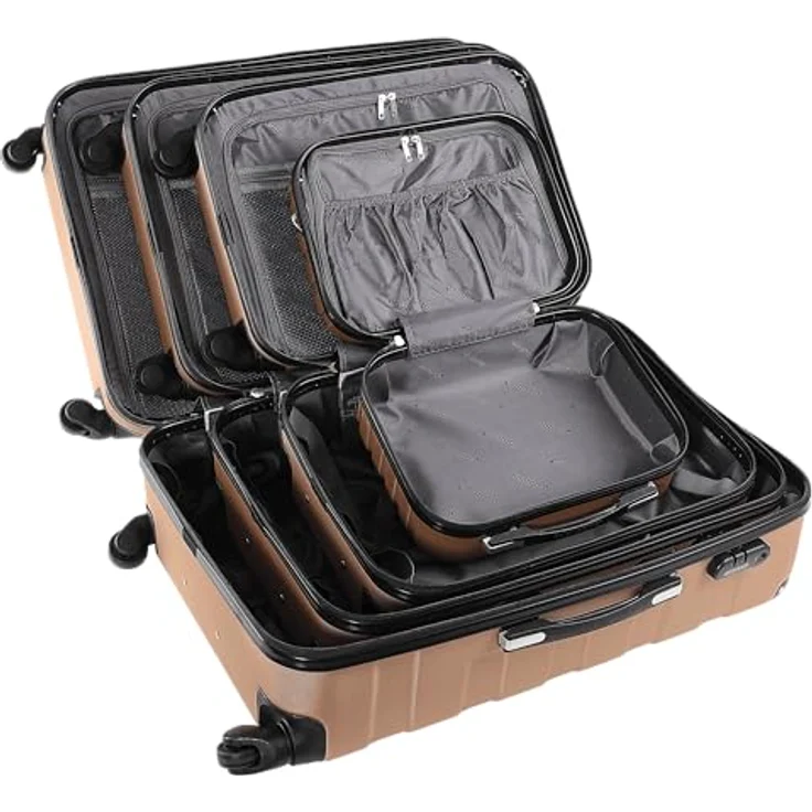 MONZANA® Kofferset Essential, Hartschalen Trolley Koffer M-L-XL mit 4 Rollen, Gel-Griffen, Kantenschutz, Beautycase und Zahlenschloss, Champagner – Bild 5