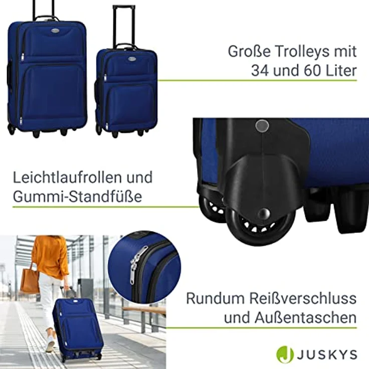 Juskys Trolley Reisekoffer Set 5 teilig - 60 Liter, 2 Rollen, Weichschale, wasserabweisend Stoff, leicht, Handgepäck - Koffer in Blau – Bild 4