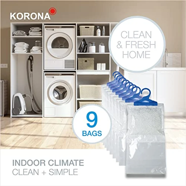KORONA Luftreiniger Garderoben-Entfeuchter, Set aus 9 Entfeuchterbeuteln mit Aufhängevorrichtung, Ideal für Kleiderschrank Regale und Wohnwagen, Weiß-Blau – Bild 8