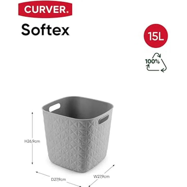 Curver Aufbewahrungskorb Softex, 15 l, elegantes Design, leicht, stapelbar, 100% recycelt, 27 x 27 x 26 cm, Taupe – Bild 4