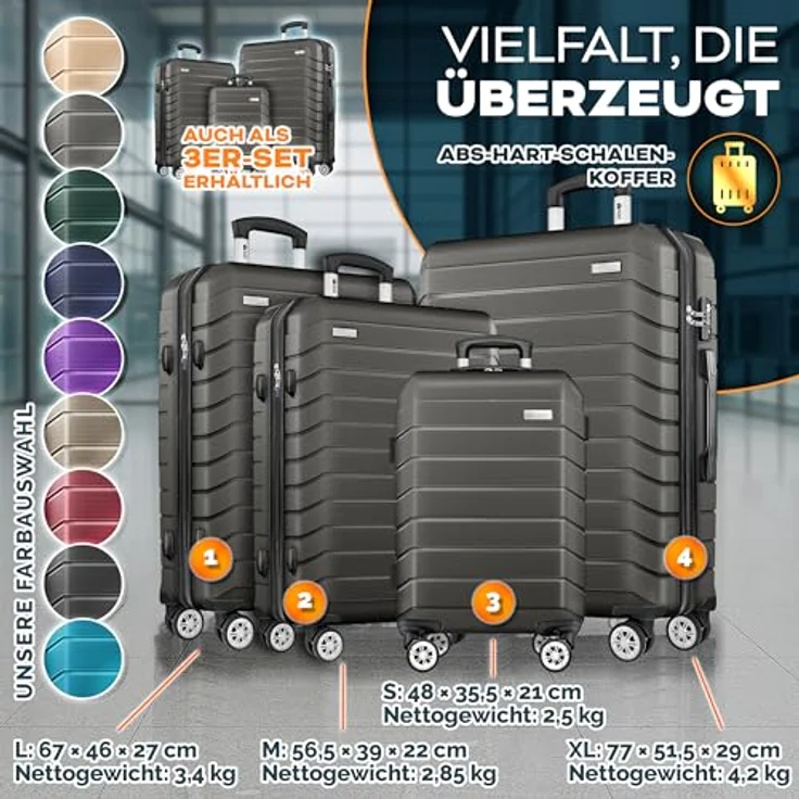 tillvex® Reisekoffer Set 4-TLG. Hartschalenkoffer S-M-L-XL mit 4 Rollen, TSA Schloss, Gepäckwaage, 8 Koffergurte & 4 Kofferanhänger, Grau/Anthrazit – Bild 5
