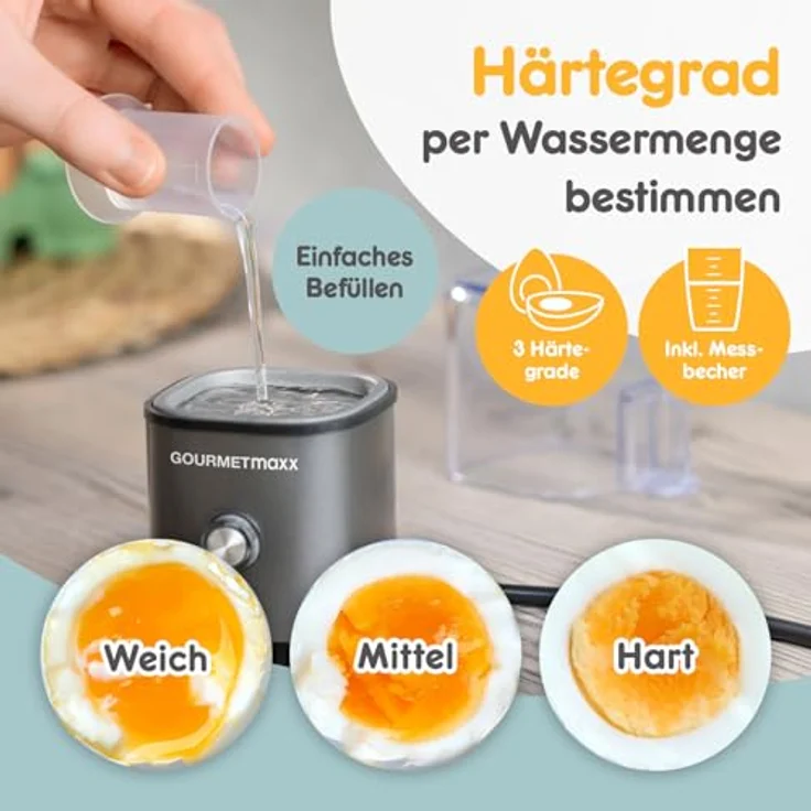 GOURMETmaxx Eierkocher für 1 Ei, Egg Boiler mit Eierstecher und Messbecher, 3 Härtegrade, kompakt und spülmaschinenfest, Anthrazit – Bild 4