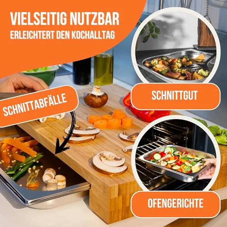 cleenbo® Schneidbrett mit Auffangschale "cube bamboo" Profi Holz Küchenbrett aus Bambus - Schneidebrett mit Auffangbehälter (Gastro Edelstahl Auffangwanne/Behälter), Bambusbrett Maße: 43 x 29 x 7 cm – Bild 3
