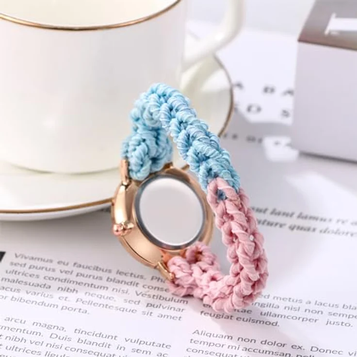 JewelryWe Damenuhr mit Blau Pink Geflochtenem Haarband, Analog Quarz Armbanduhr mit Elastischem Wickelarmband für Frauen und Mädchen – Bild 3