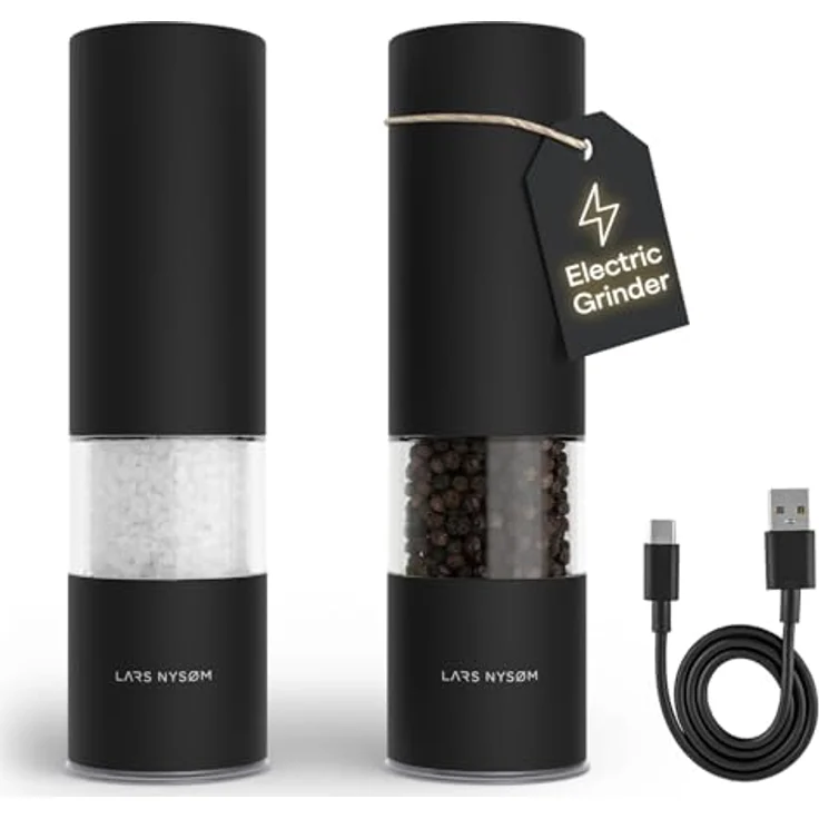 LARS NYSØM Salz- und Pfeffermühle Elektrisch 2er Set, Edelstahl mit einstellbarem Keramik-Mahlwerk, USB-C wiederaufladbar, LED-Licht, Carbon Black – Bild 1