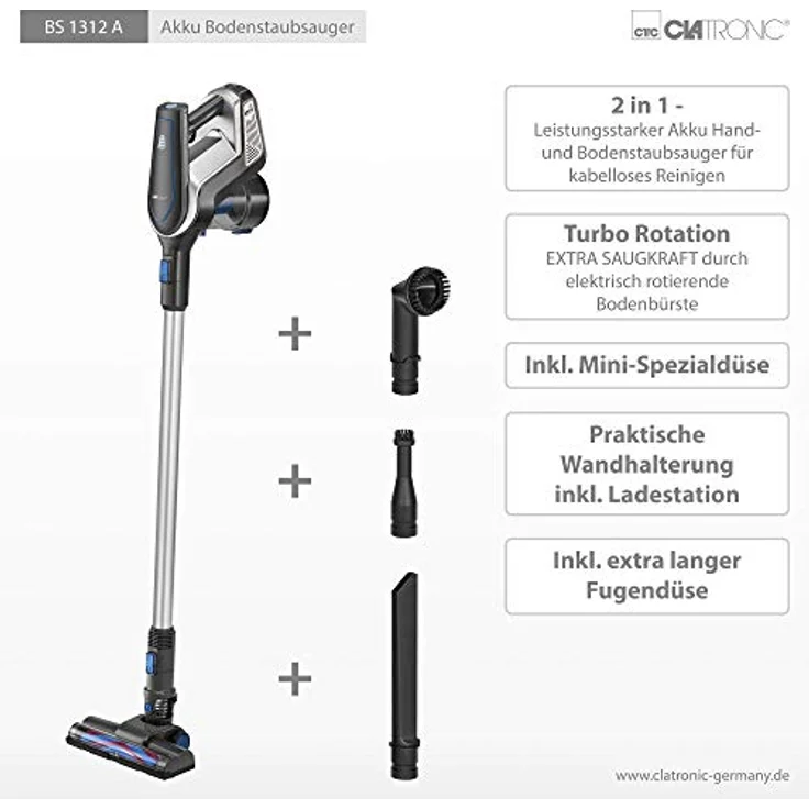 Clatronic BS 1312 A Akku-Bodenstaubsauger, 2 in 1 - Akku Hand- und Bodenstaubsauger, 18,5 V Lithium-Ionen-Akku, Turbo Rotation - EXTRA SAUGKRAFT durch elektrisch rotierende Bodenbürste – Bild 5