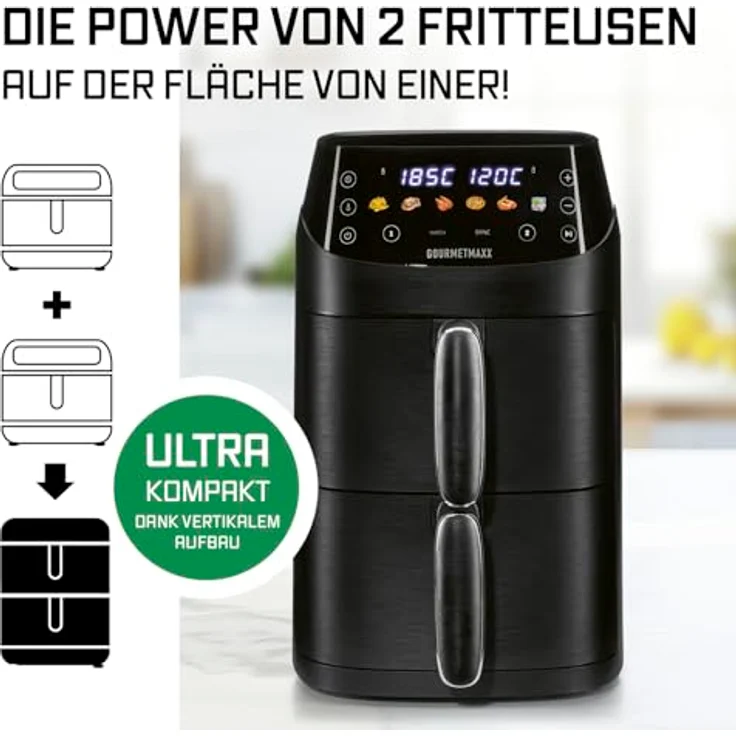GOURMETmaxx FryUp XS, Vertikale Doppelkammer Heißluftfritteuse mit 5 L Volumen, MultiColour-LED-Touchdisplay, 6 One-touch-Programme – Bild 2