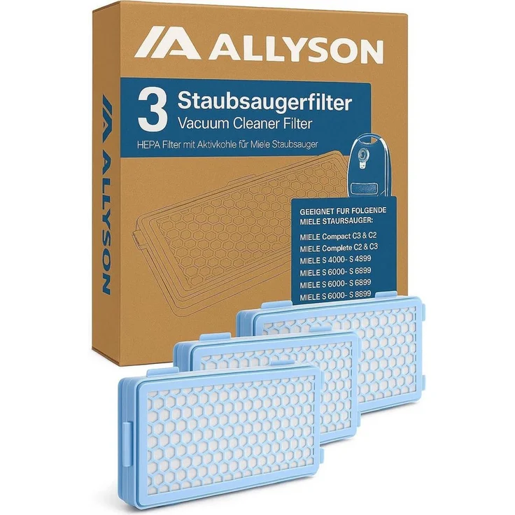 Allyson HEPA-Filter Set für Miele Staubsauger, 99,99% Filterleistung, leicht montierbar, kompatibel mit C1-C2, C3, S8340 und weiteren Serien