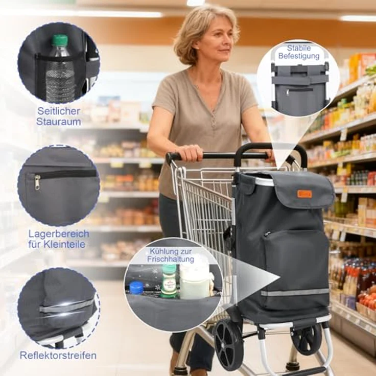 Sekey XXL Faltbarer Einkaufstrolley, 60 L, klappbarer 3-in-1 Einkaufswagen mit höhenverstellbarem Griff, Aluminium, Kühlfach und Getränkefach, Grau – Bild 4