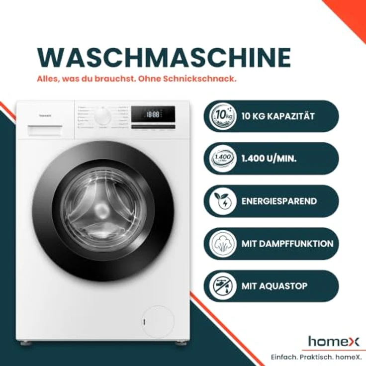 homeX WF1014H1A-W Waschmaschine 10 kg, Frontlader, 1.400 U/Min, Dampffunktion, AquaStop, Inverter Motor, 15 Programme – Bild 2