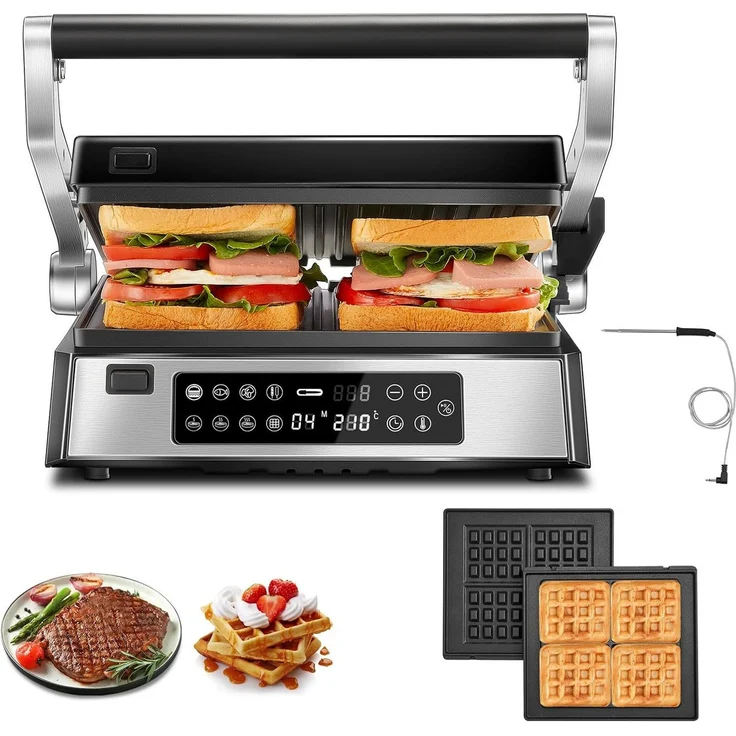 FOHERE Kontaktgrill 4 in 1, Paninimaker, Multifunktions-Waffeleisen & Sandwichmaker, 2200 W, 8 Programme, abnehmbare Platten, LED-Display, platzsparendes Design 31,5 × 35 × 16 cm