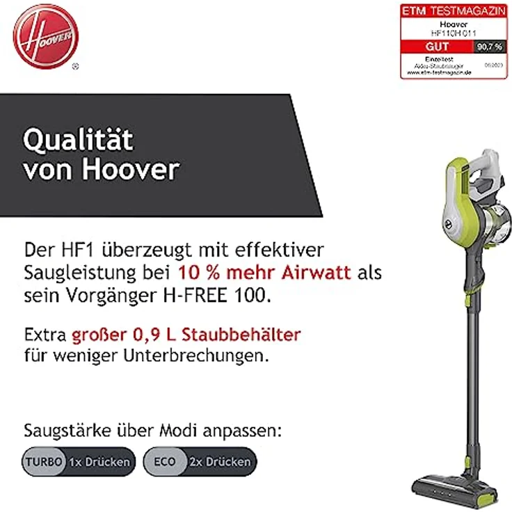 Hoover HF1 HOME Akku-Staubsauger ohne Beutel für bis zu 120 m² mit 1 Akkuladung – kabelloser Staubsauger mit LED-Licht, XL Staubbehälter & Parkfunktion – Handstaubsauger mit Fugendüse & Staubbürste – Bild 2